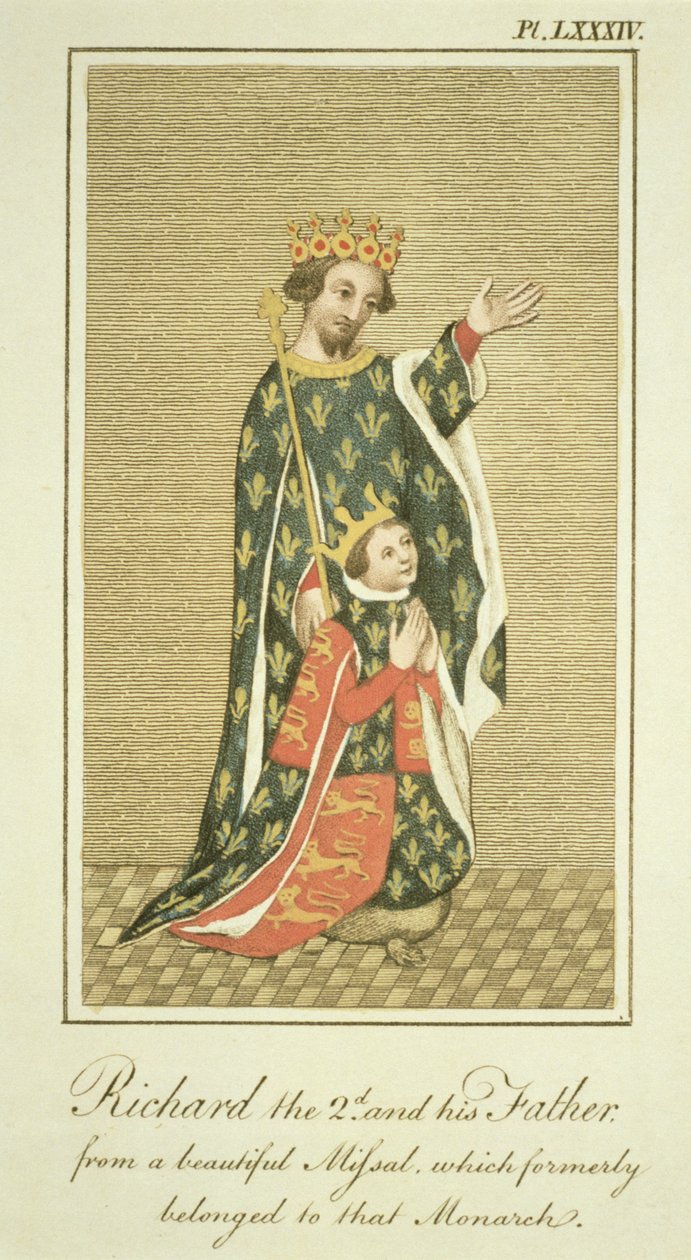 Roi Richard II (1367-1400) avec son père Édouard (1330-76) le Prince Noir, illustration de The Complete View of the Dress and Habits of the People of England Volume II, publié en 1799 - English School