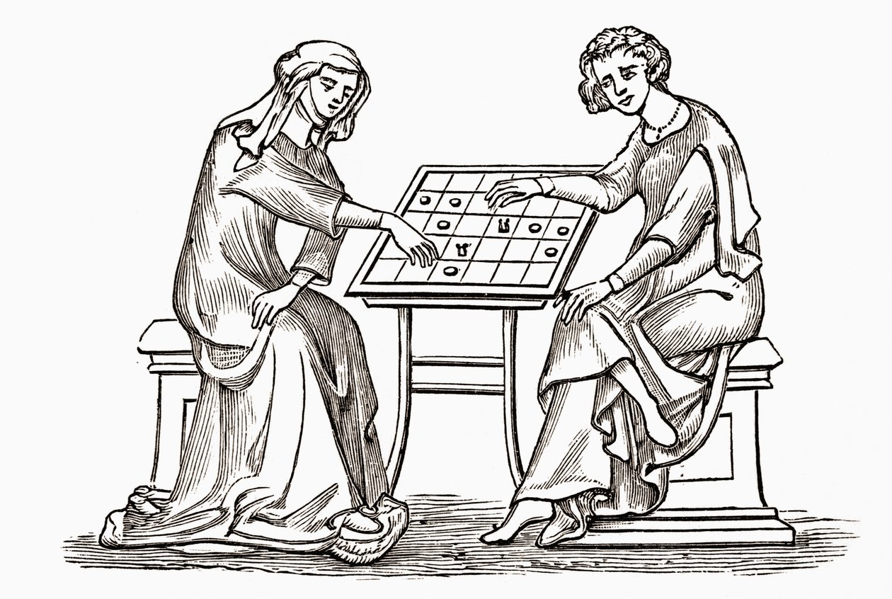 Dame et jeune homme jouant aux dames, ou aux échecs, au début du XIVe siècle, de 