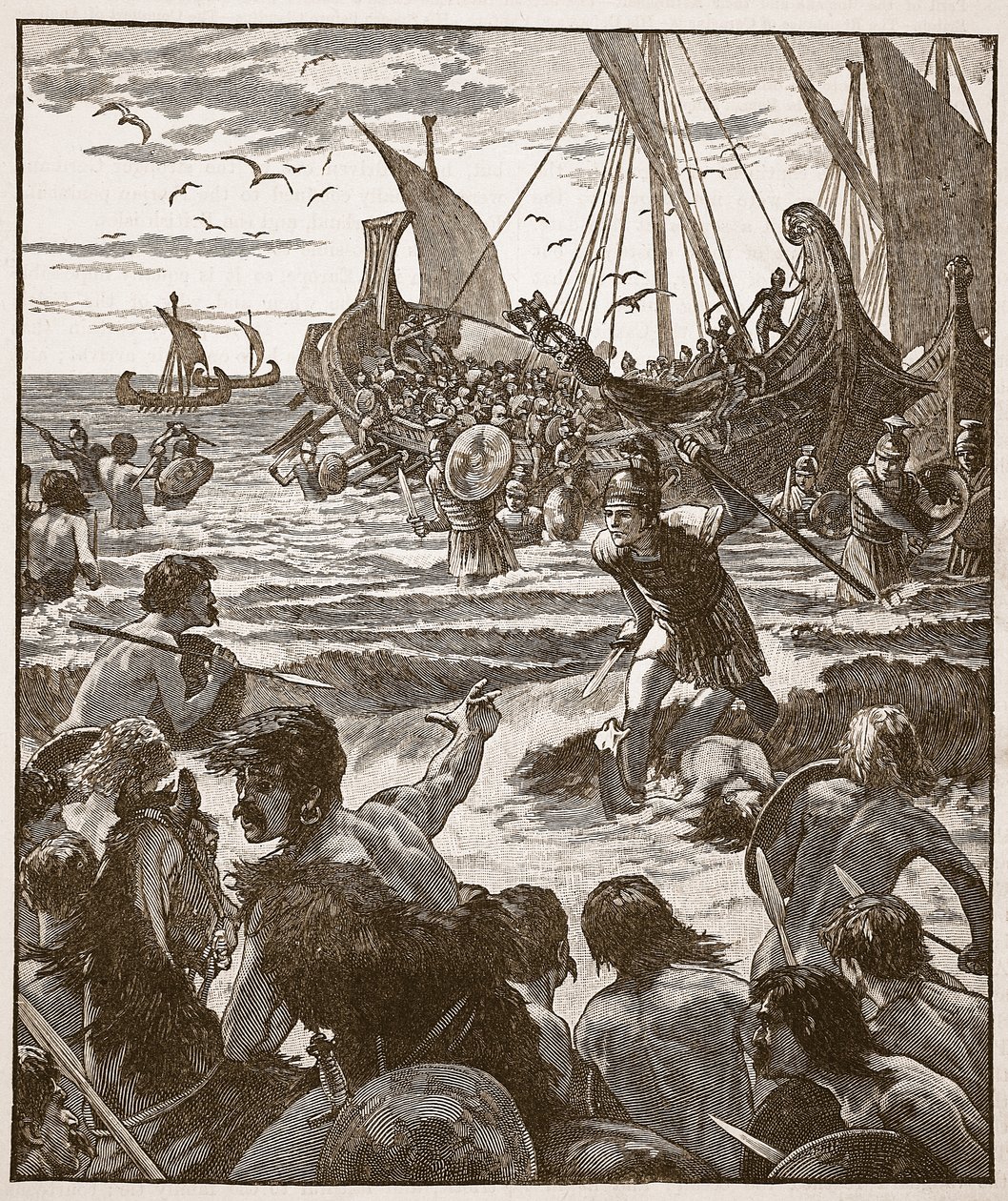 Débarquement des Romains sur la côte du Kent, illustration de Cassells Illustrated History of England - English School