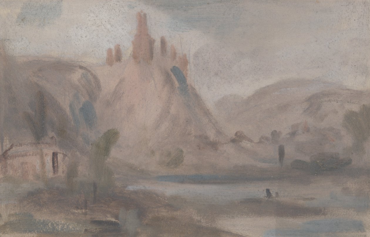 Paysage avec un château sur une colline, précédemment attribué à J.M.W. Turner (1775-1851) et aussi attribué à Peter de Wint (1784-1849) - English School
