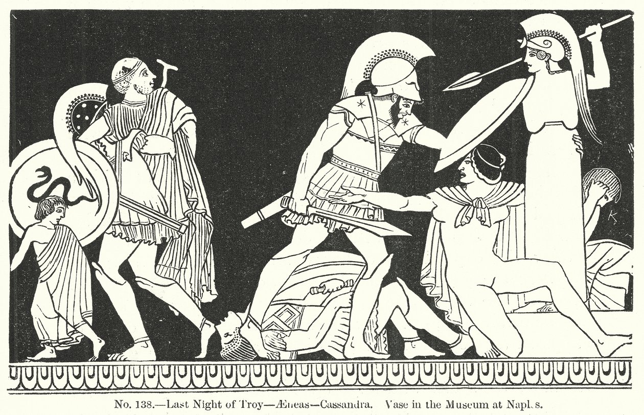 Dernière nuit de Troie - Énée - Cassandre. Vase du musée de Naples (gravure) - English School