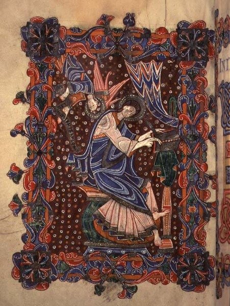 Lat 14782 f.16v Saint Matthieu écrivant son évangile, c.1080 (vélin) - English School