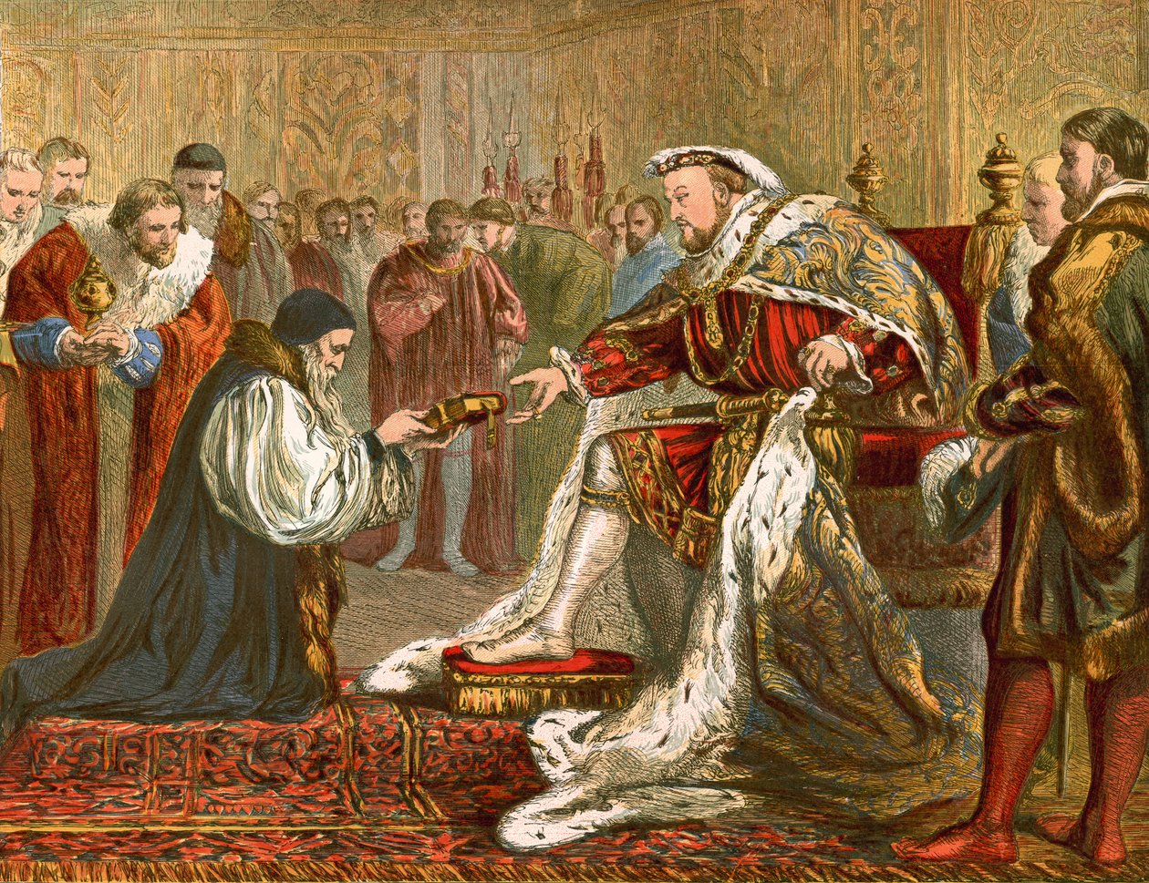 Latimer présentant la bible à Henri VIII (gravure en couleur) - English School