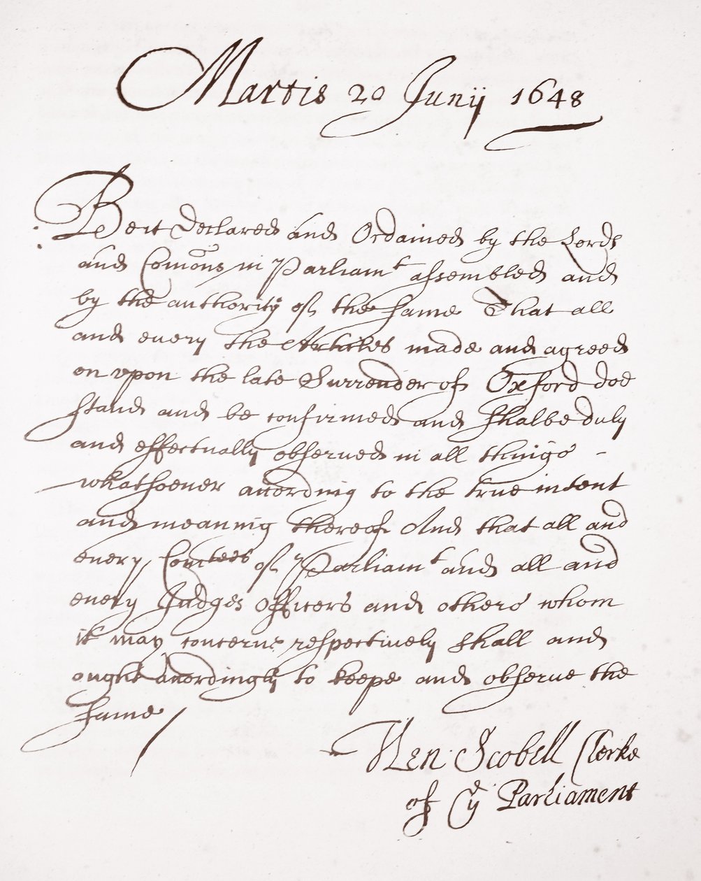 Lettre de Henry Scobell, 20 juin 1648 - English School