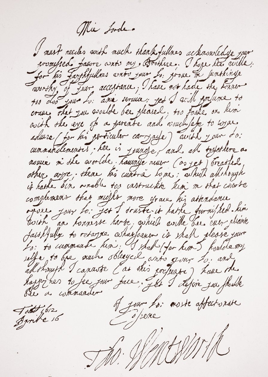 Lettre de Thomas Wentworth, 16 avril 1612 - English School