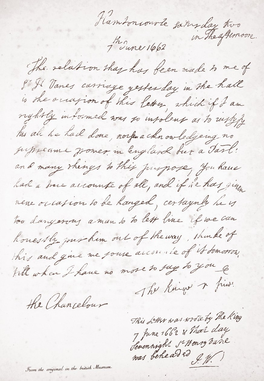 Lettre de Charles II au chancelier Lord Clarendon, 7 juin 1662 - English School