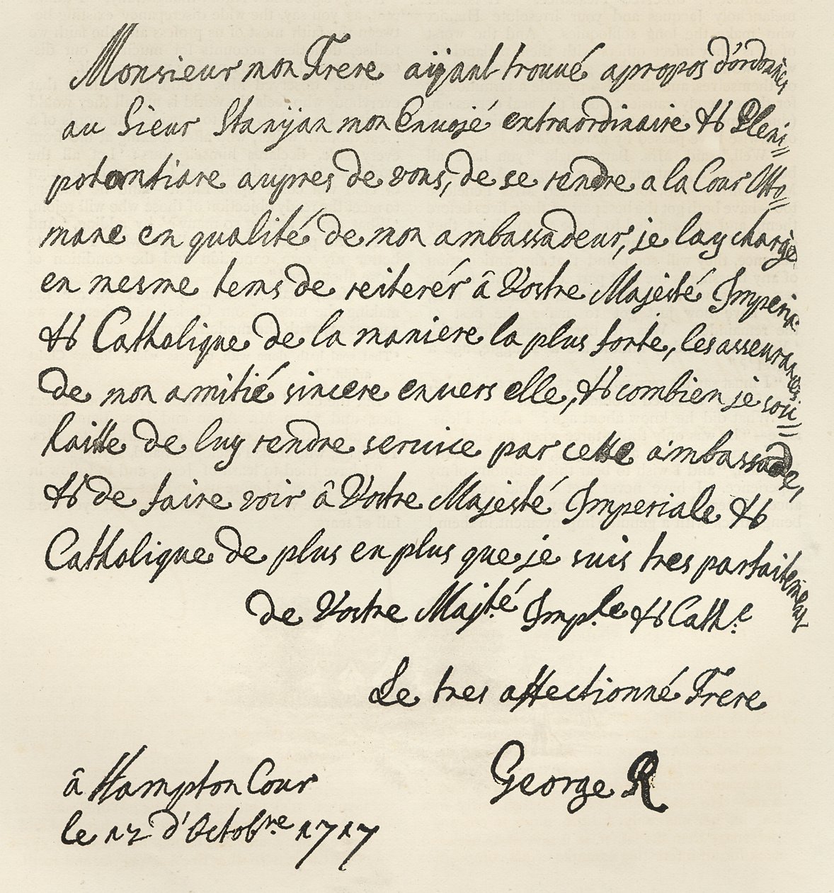 Lettre de George I à Charles VI, 1717, publiée dans 