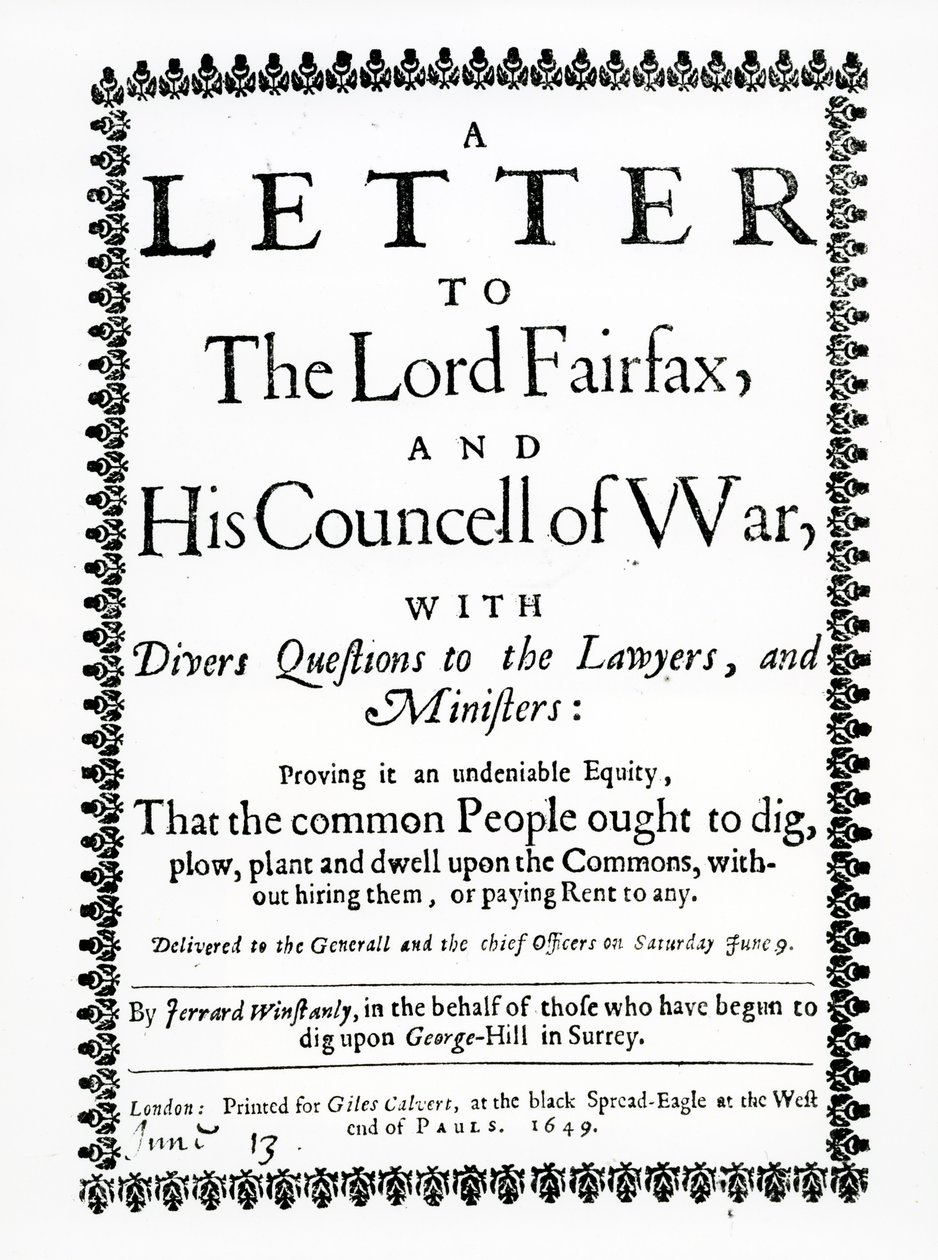Lettre à Lord Fairfax de Gerrard Winstanley (c.1609-60) au nom des Diggers à St. George Hill, Surrey, imprimée en 1649 - English School