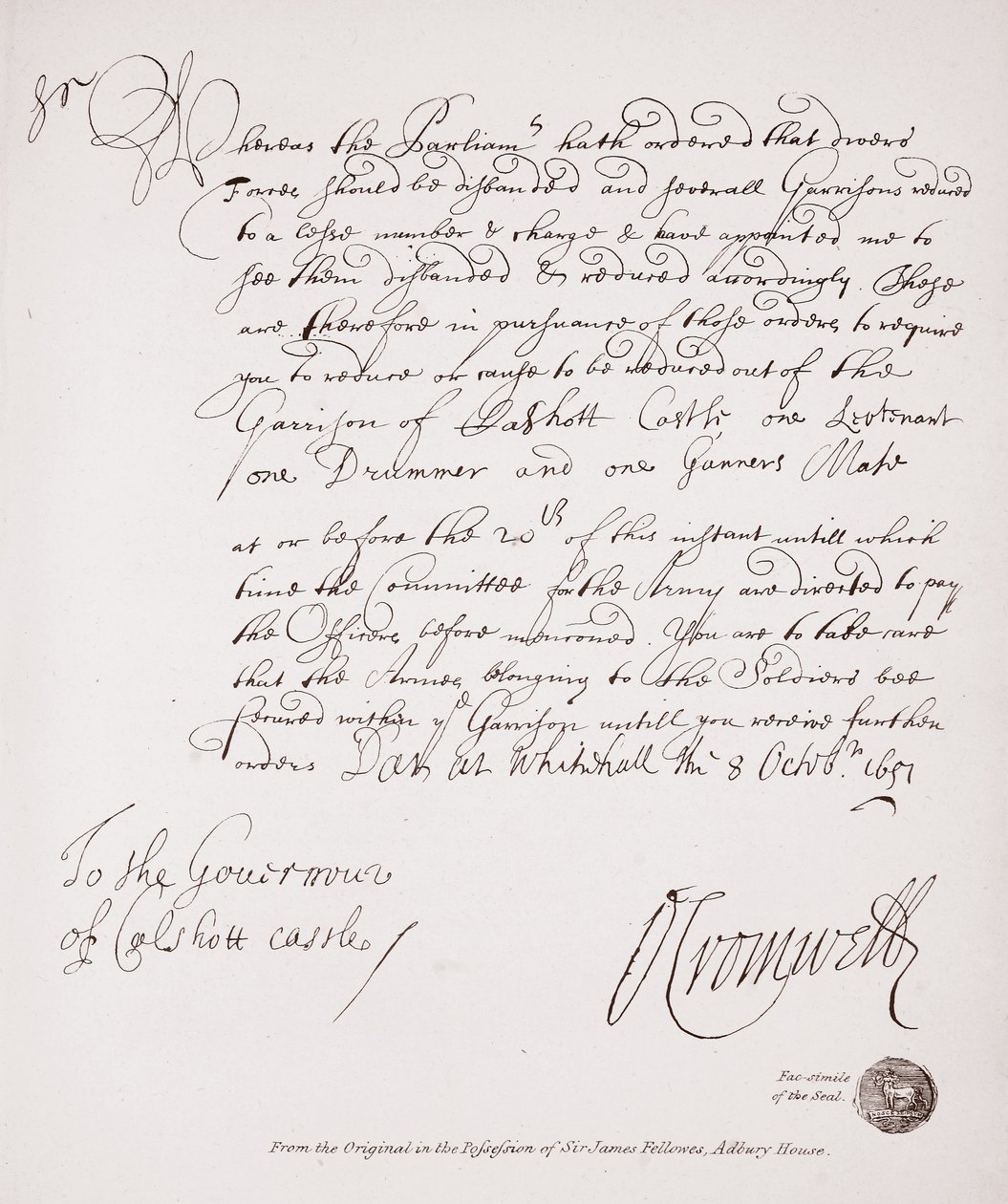 Lettre au gouverneur du château de Calshott d