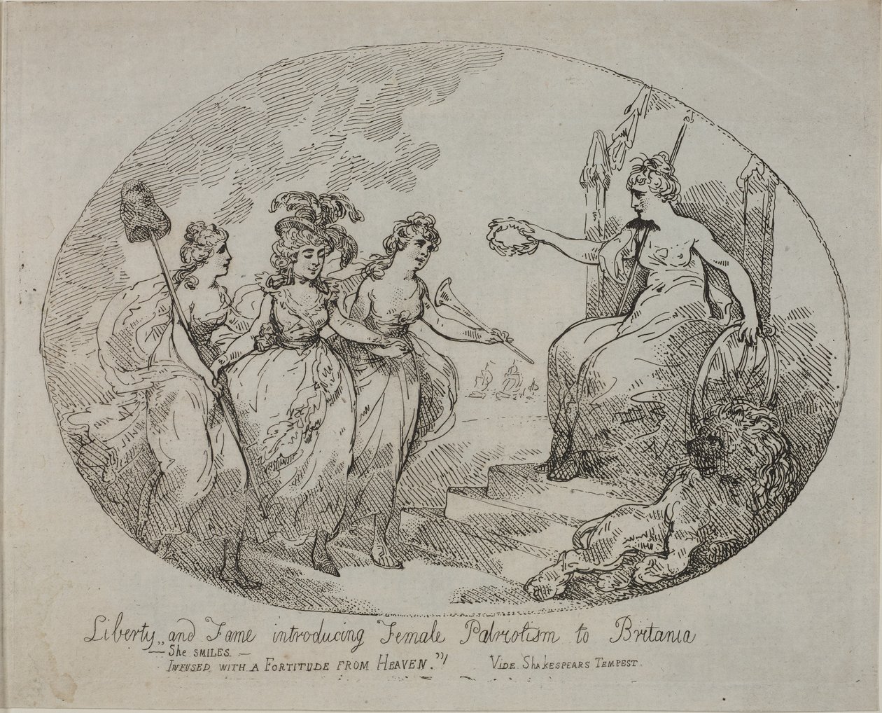 Liberté et renommée introduisant le patriotisme féminin ; Britannia et la duchesse de Devonshire (gravure) - English School