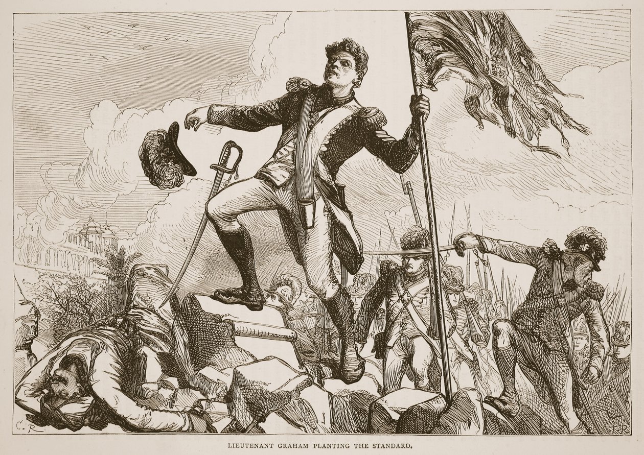 Lieutenant Graham plantant le drapeau, illustration de Cassells Illustrated History of India par James Grant, pub. 1879 - English School