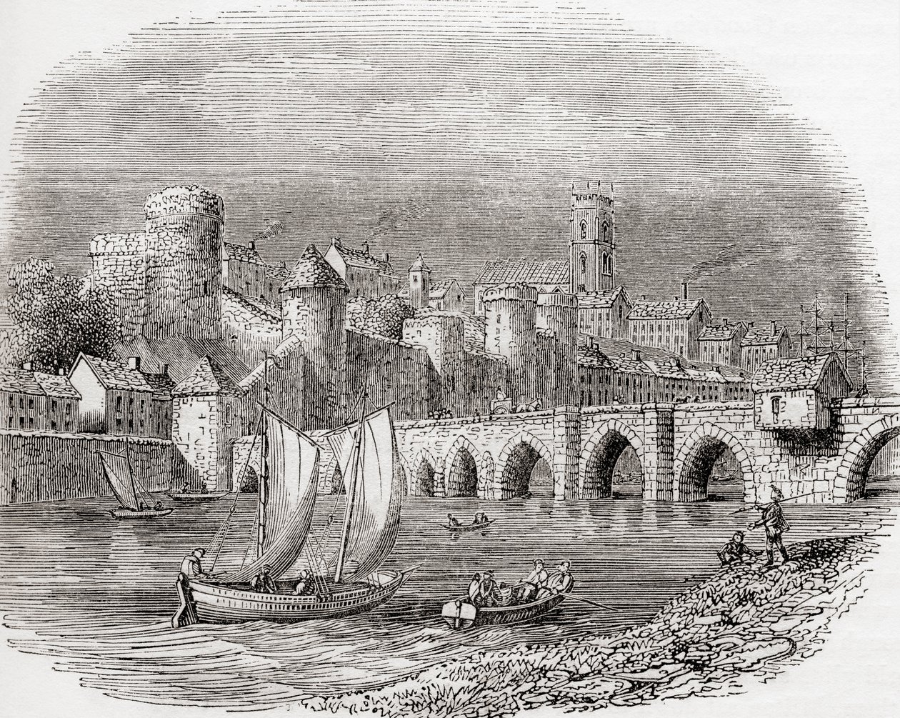 Limerick, comté de Limerick, Irlande, montrant le château de King John sur la rivière Shannon et le pont de Thomand, tirée de Old England: A Pictorial Museum, pub. 1847 - English School
