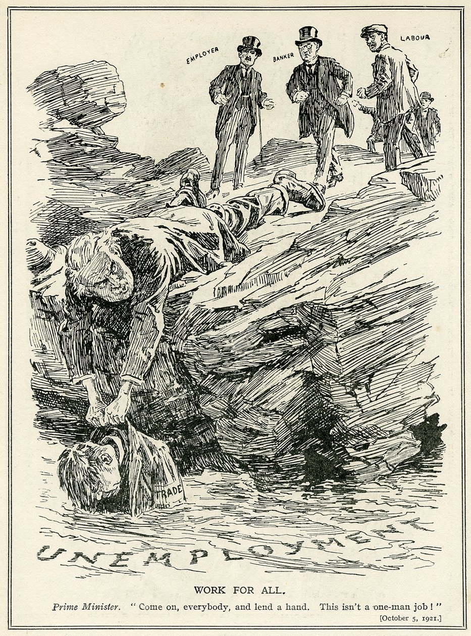 Lloyd George demandant aux employeurs, banquiers et ouvriers de coopérer pour vaincre le chômage, 1921 - English School