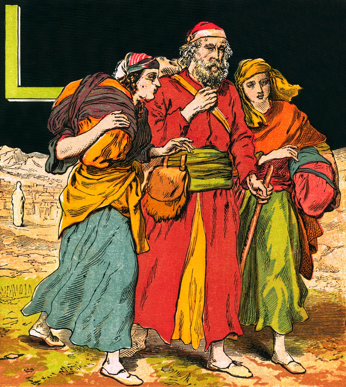 Lot avec sa femme et ses filles (lithographie couleur) - English School