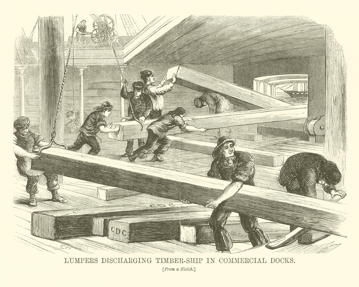 Brouettes déchargeant un navire de bois dans les docks commerciaux (gravure) - English School