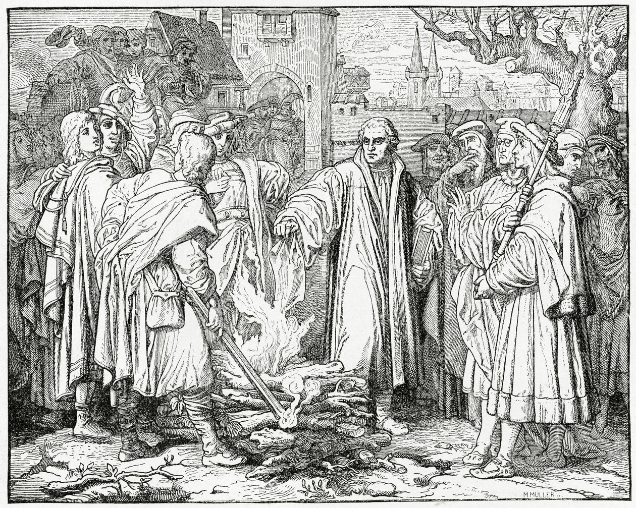 Luther brûle la bulle du pape en 1520, 1882 - English School