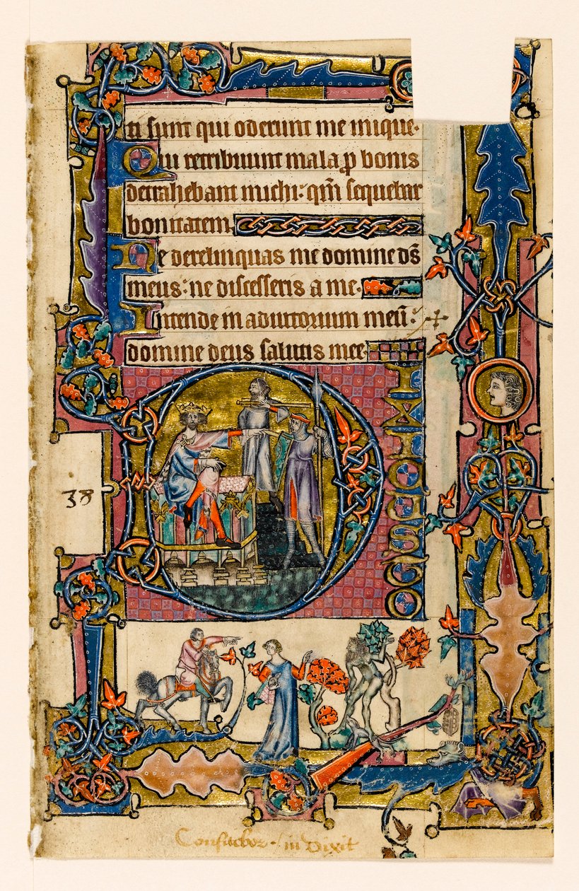 Saül envoyant Doeg tuer les prêtres de Nob, initiale historiée du Psautier de Macclesfield, Usage de Sarum, East Anglia, vers 1330 - English School