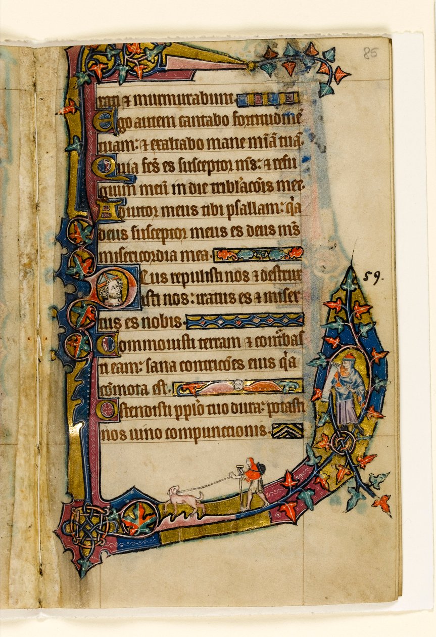 Un pénitent avec un chien, décoration marginale du Psautier de Macclesfield, Usage de Sarum, East Anglia, vers 1330 - English School