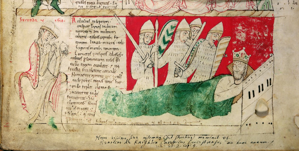 MS CCC 157 p.382 Les visions rêvées par le roi Henri Ier en Normandie en 1130, insérées vers 1140 par Jean de Worcester dans la chronique commencée par Florence de Worcester (d.1118) vers 1130-40 (parchemin) (détail de 95503) - English School
