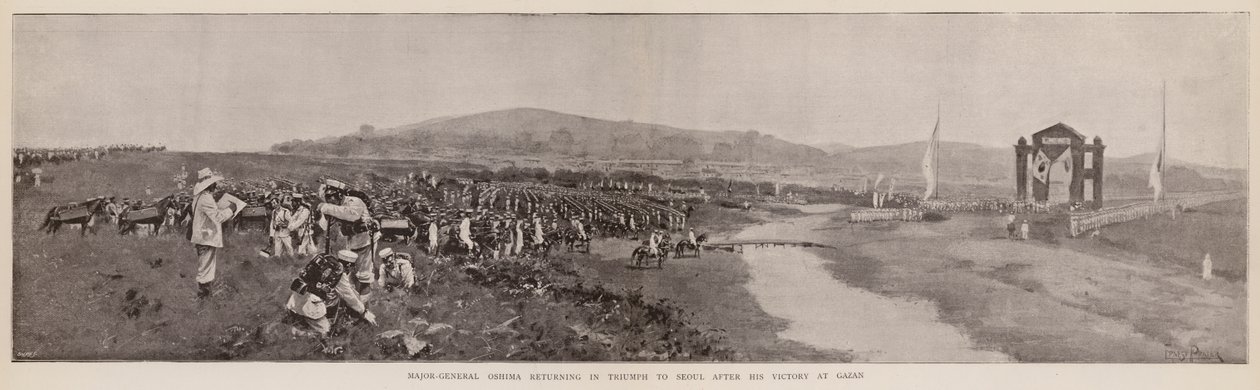 Le général de division Oshima rentrant en triomphe à Séoul après sa victoire à Gazan (litho) - English School