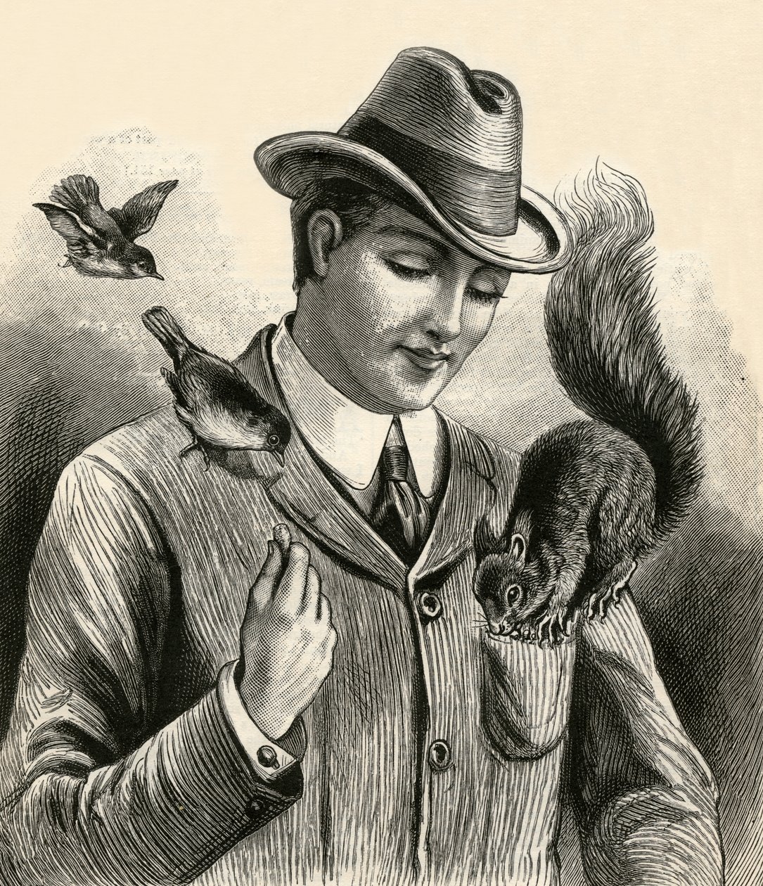 Homme nourrissant un écureuil et des oiseaux - English School