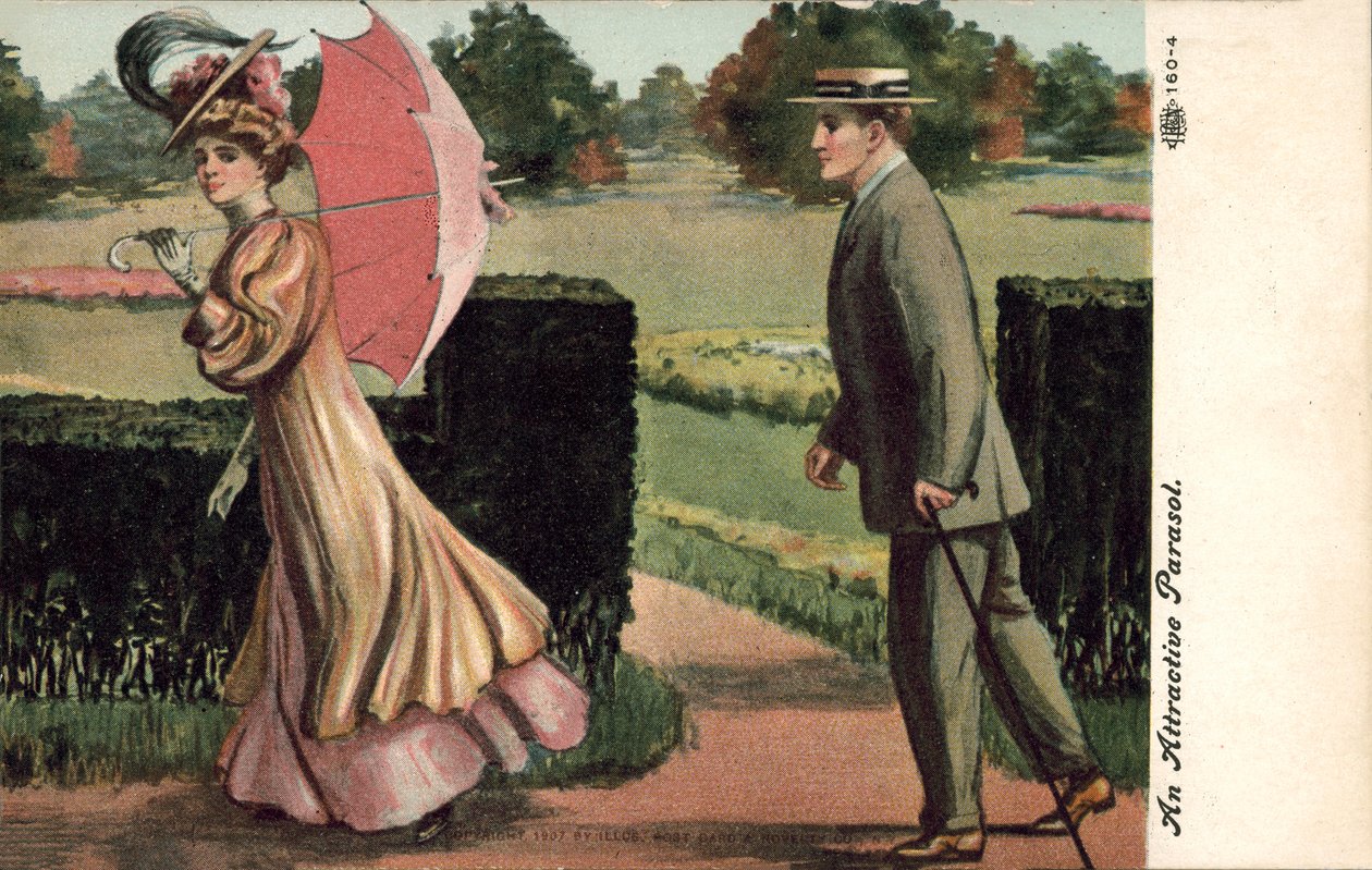 Homme attiré par une femme avec un parasol (lithographie couleur) - English School