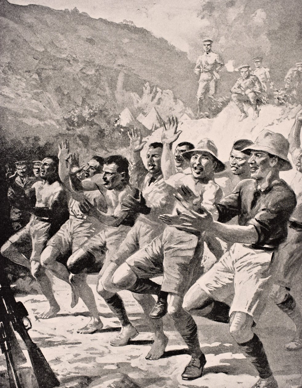 Des soldats maoris exécutent un Haka à Gaba Tepe sur la péninsule de Gallipoli en Turquie en 1915, de 