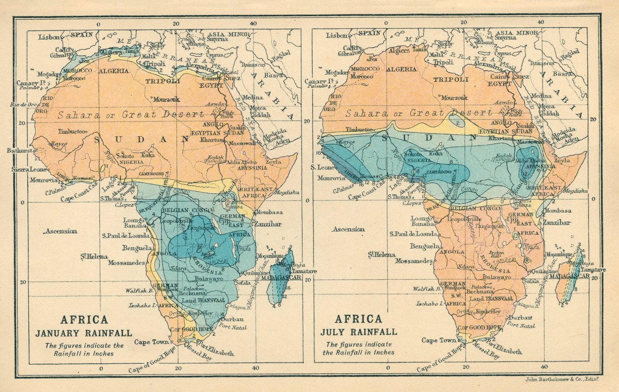 Carte : Afrique, précipitations de janvier, précipitations de juillet (litho couleur) - English School