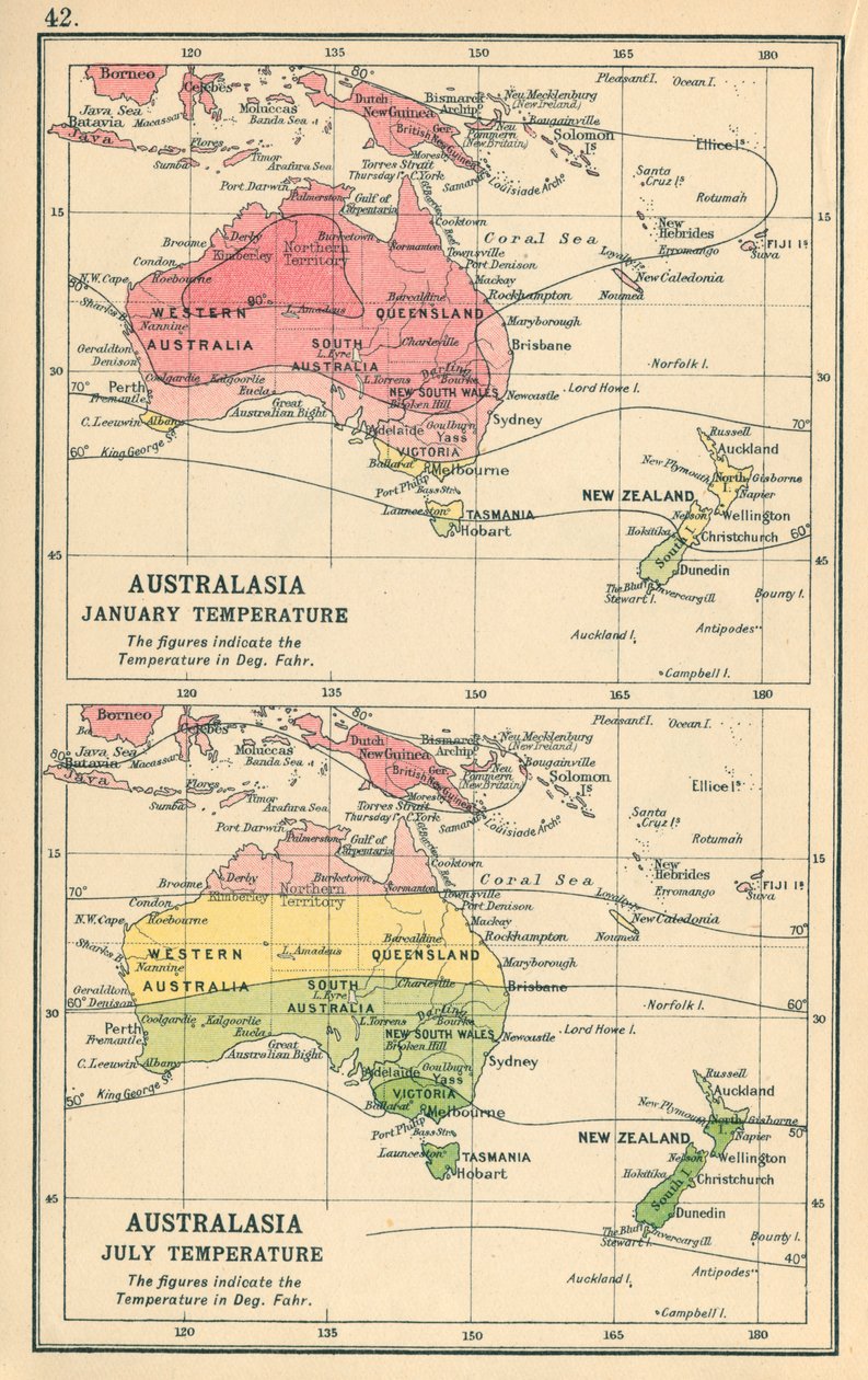 Carte : Australasie, température en janvier, température en juillet (lithographie couleur) - English School