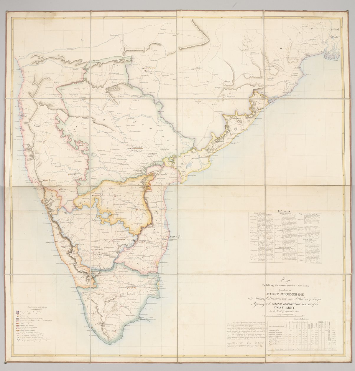 Carte montrant la partition actuelle du pays dépendant de Fort St. George en divisions militaires avec plusieurs stations de troupes - English School