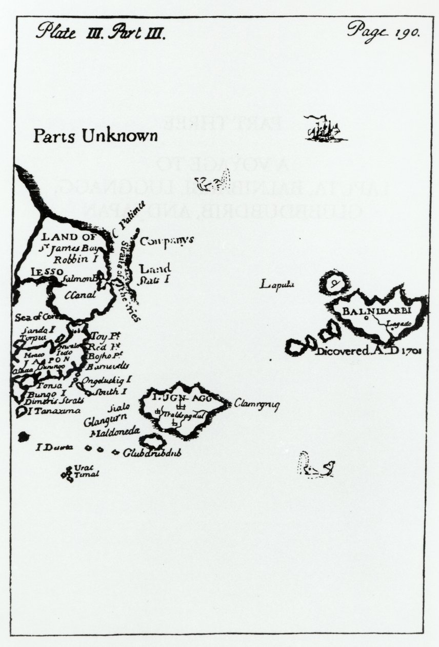Carte de Les Voyages de Gulliver par Jonathan Swift (1667-1745) - English School