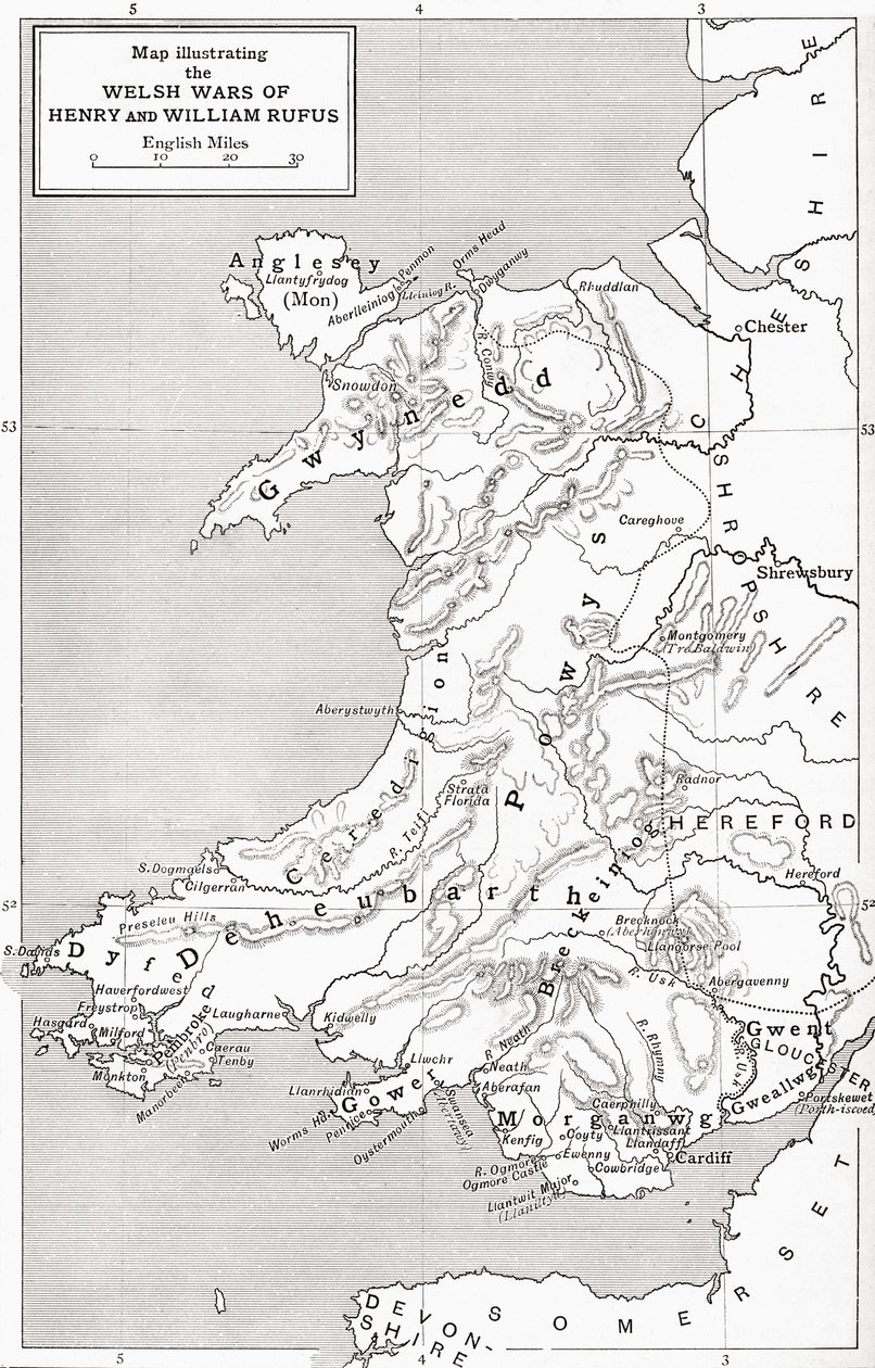Carte illustrant les guerres galloises de Guillaume le Roux et Henri Ier, de 