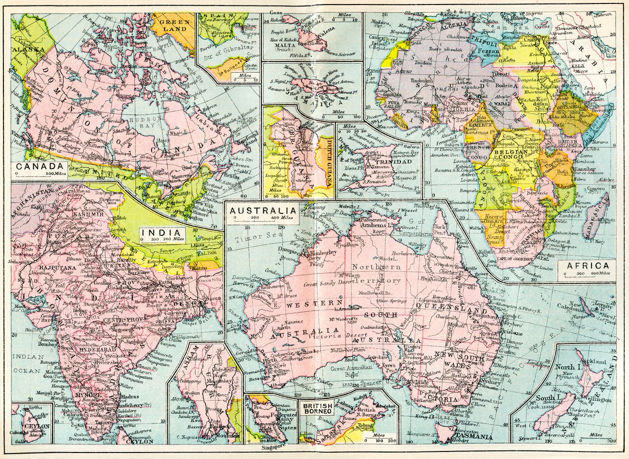 Carte des possessions britanniques en 1914 au début de la Première Guerre mondiale, tirée du Dictionnaire illustré moderne des universités britanniques, publié en 1914 - English School