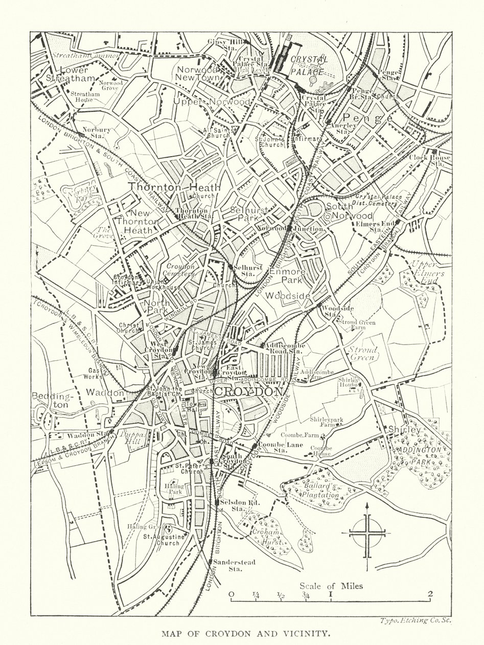 Carte de Croydon et de ses environs (gravure) - English School