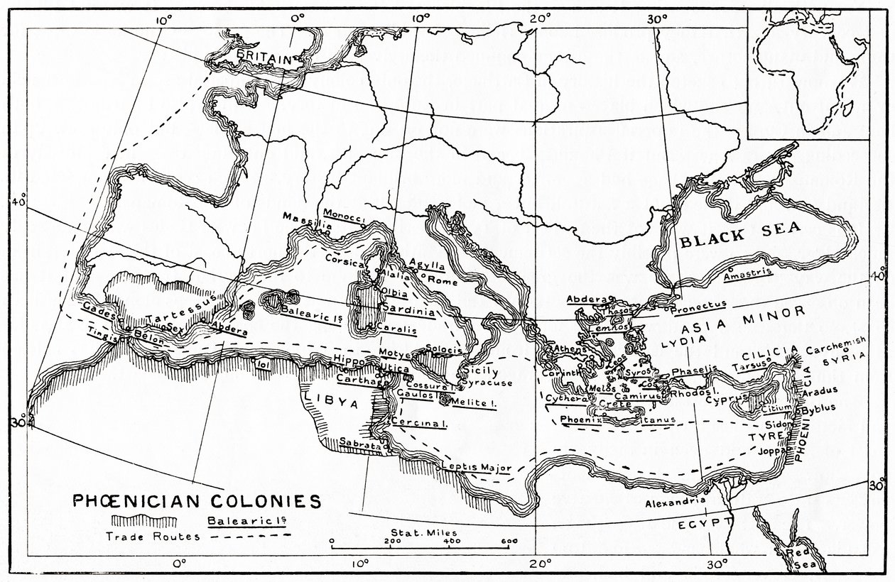 Carte des colonies phéniciennes et de ses routes commerciales méditerranéennes - English School
