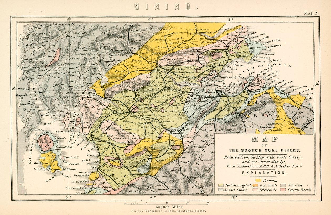 Carte des bassins houillers écossais (lithographie couleur) - English School
