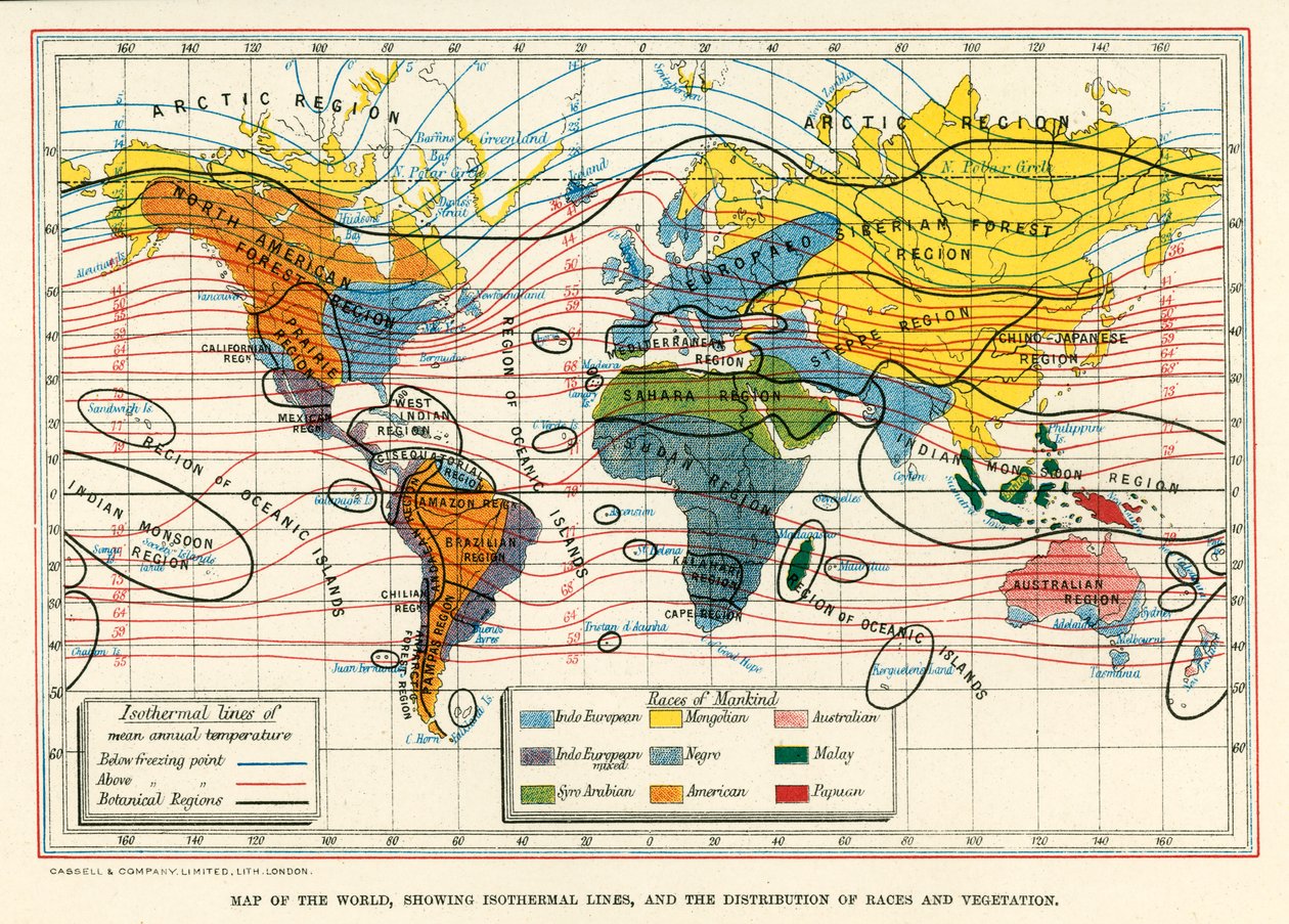 Carte du monde, montrant les lignes isothermes, la répartition des races et de la végétation (litho couleur) - English School