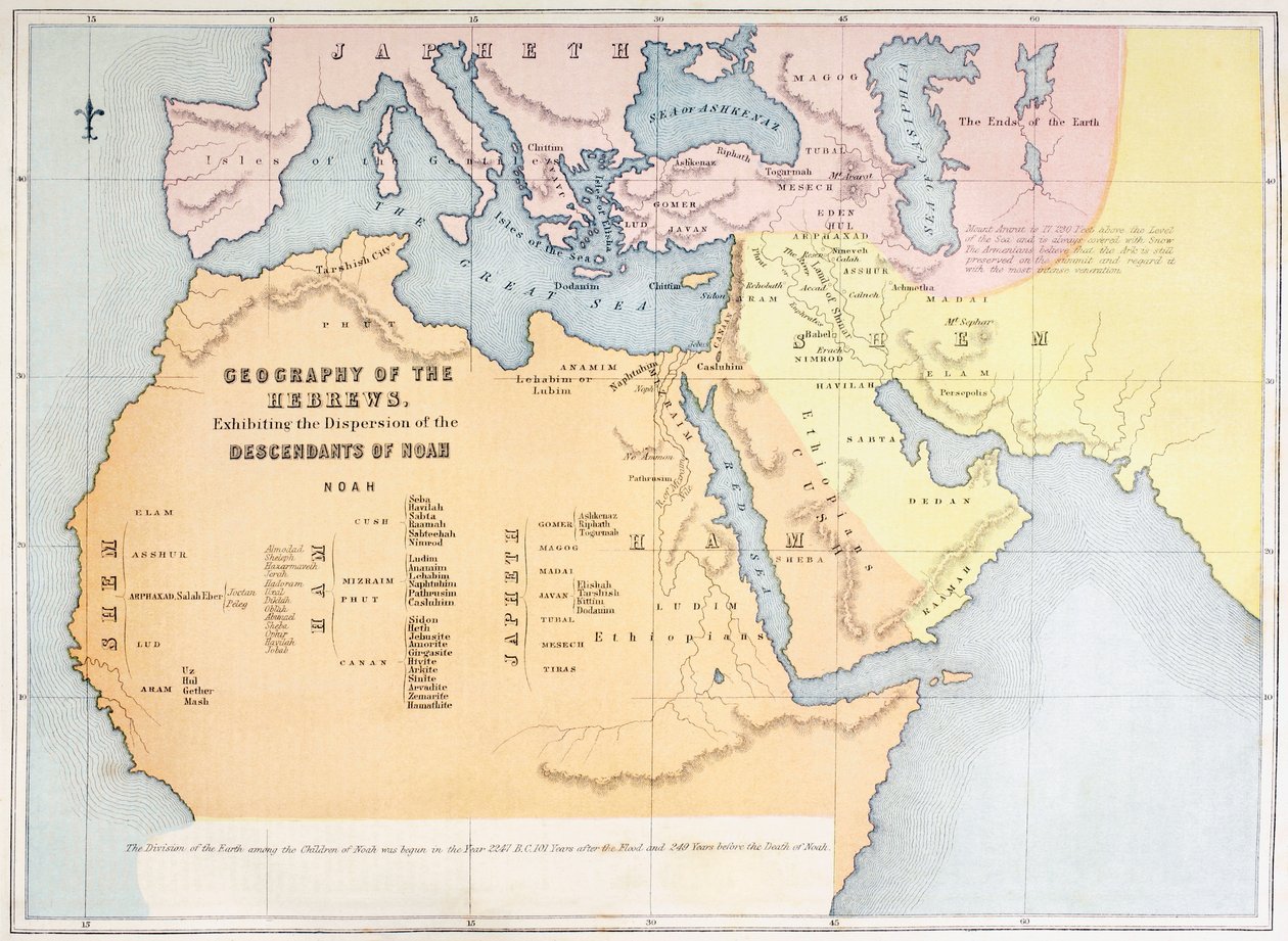 Carte montrant la géographie des Hébreux et la dispersion des descendants de Noé - English School