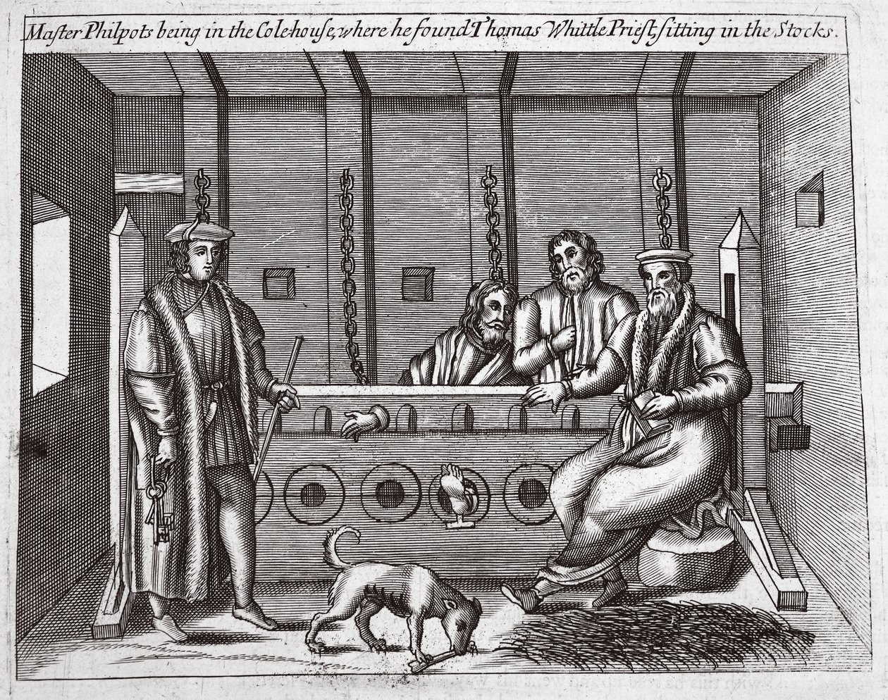 Maître Philpots dans la maison de charbon, où il a trouvé Thomas Whittle, prêtre, assis dans les stocks, illustration des Actes et Monuments de John Foxe, neuvième édition, pub. 1684 - English School