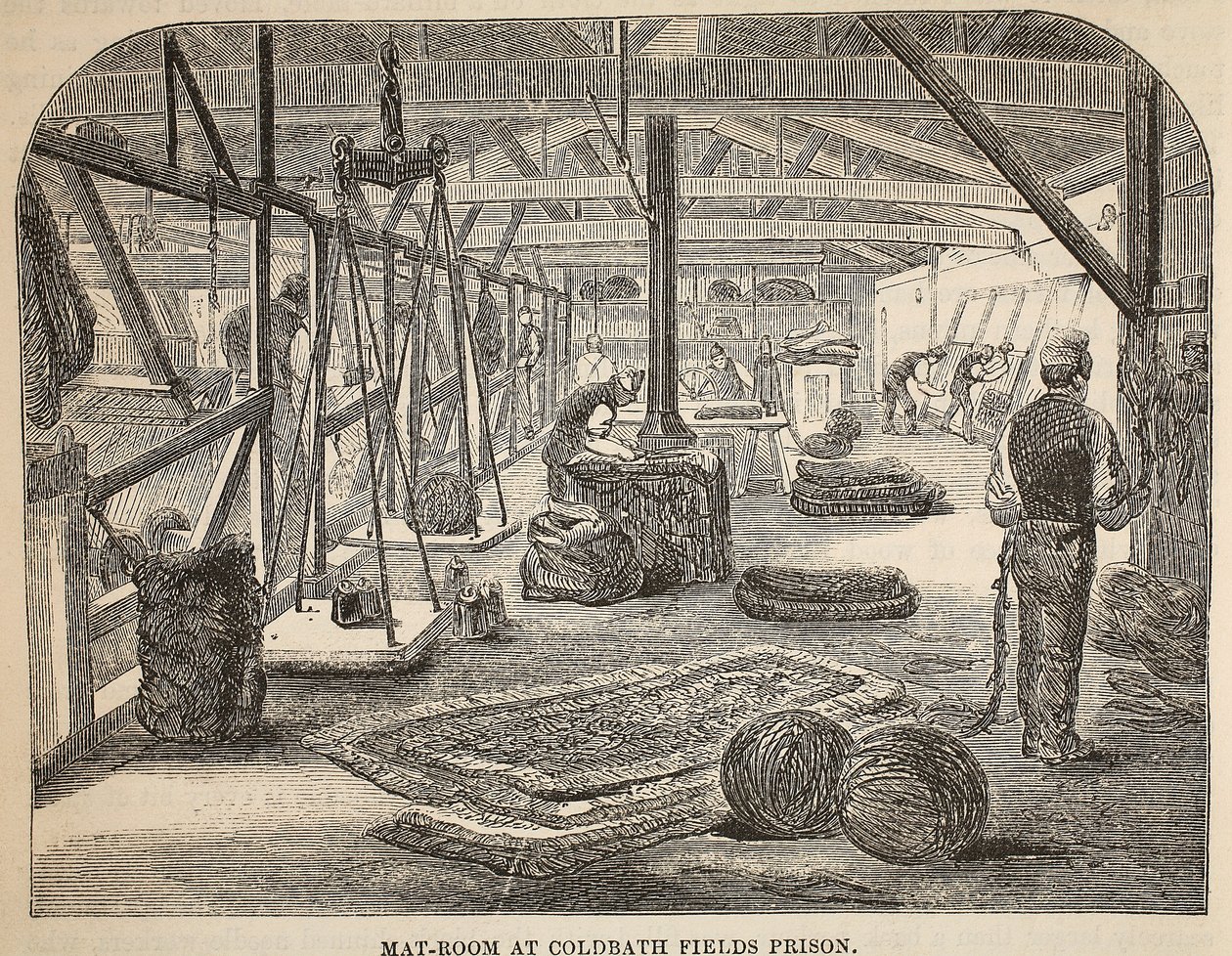 Salle de matelas à la prison de Coldbath Fields, illustration de The Criminal Prisons of London and Scenes from Prison Life par Henry Mayhew et John Binny, pub. 1862 - English School