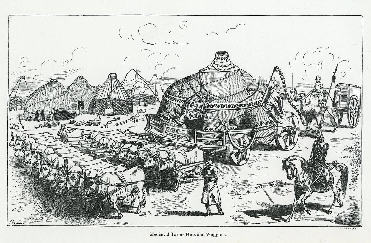 Huttes et chariots tartares médiévaux - English School