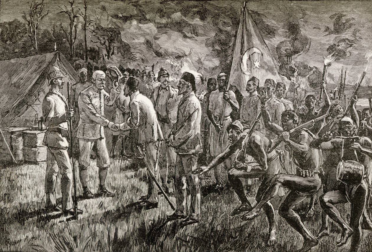 Mehmet Emin Pasha et Gaetano Casati arrivent au camp de Sir Henry Morton Stanley au bord du lac Albert en 1889, 1890 (gravure sur bois) - English School
