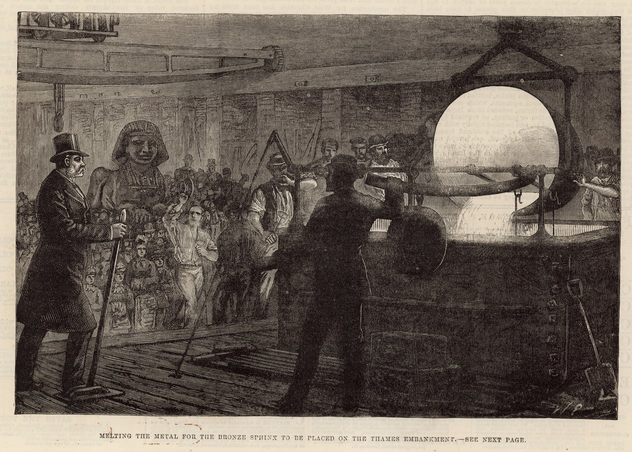 Fusion du métal pour le Sphinx en bronze qui sera placé sur le Thames Embankment (gravure) - English School