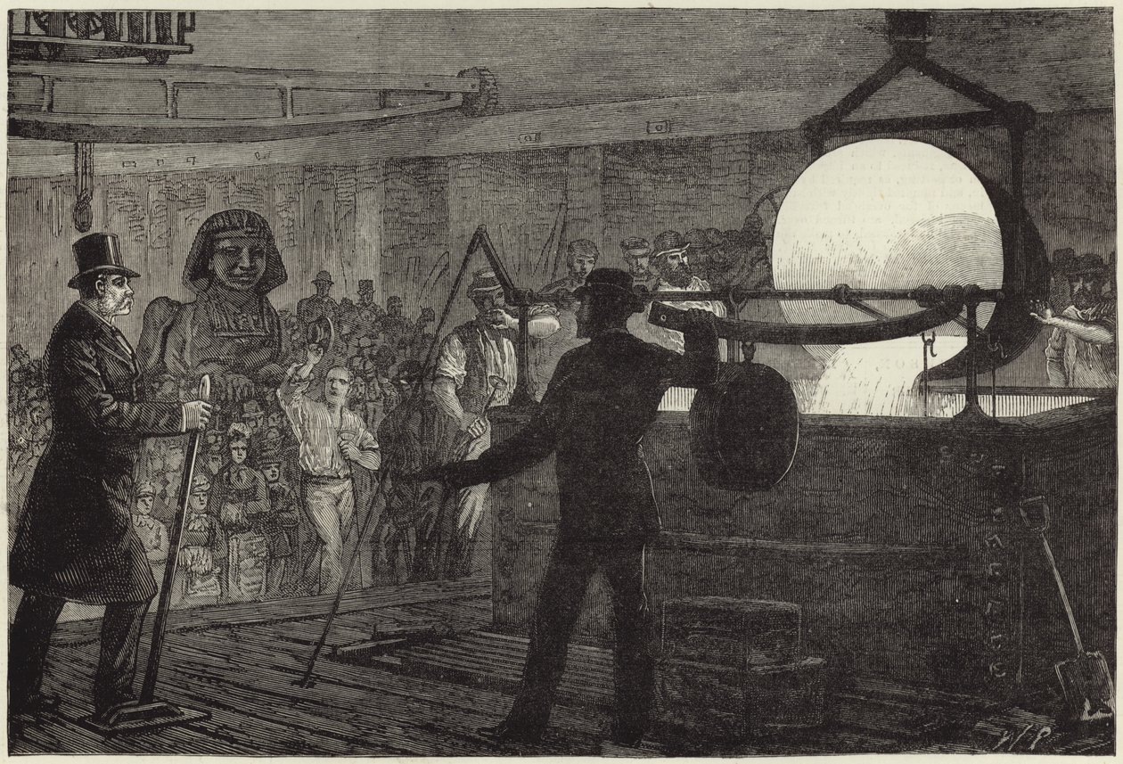 Fusion du métal pour le sphinx en bronze qui sera placé sur la digue de la Tamise (gravure) - English School