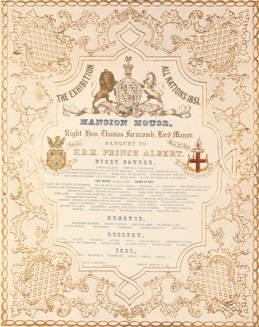 Menu du banquet pour le prince Albert à Mansion House, pour marquer la Grande Exposition de toutes les nations, Londres, 1851 - English School