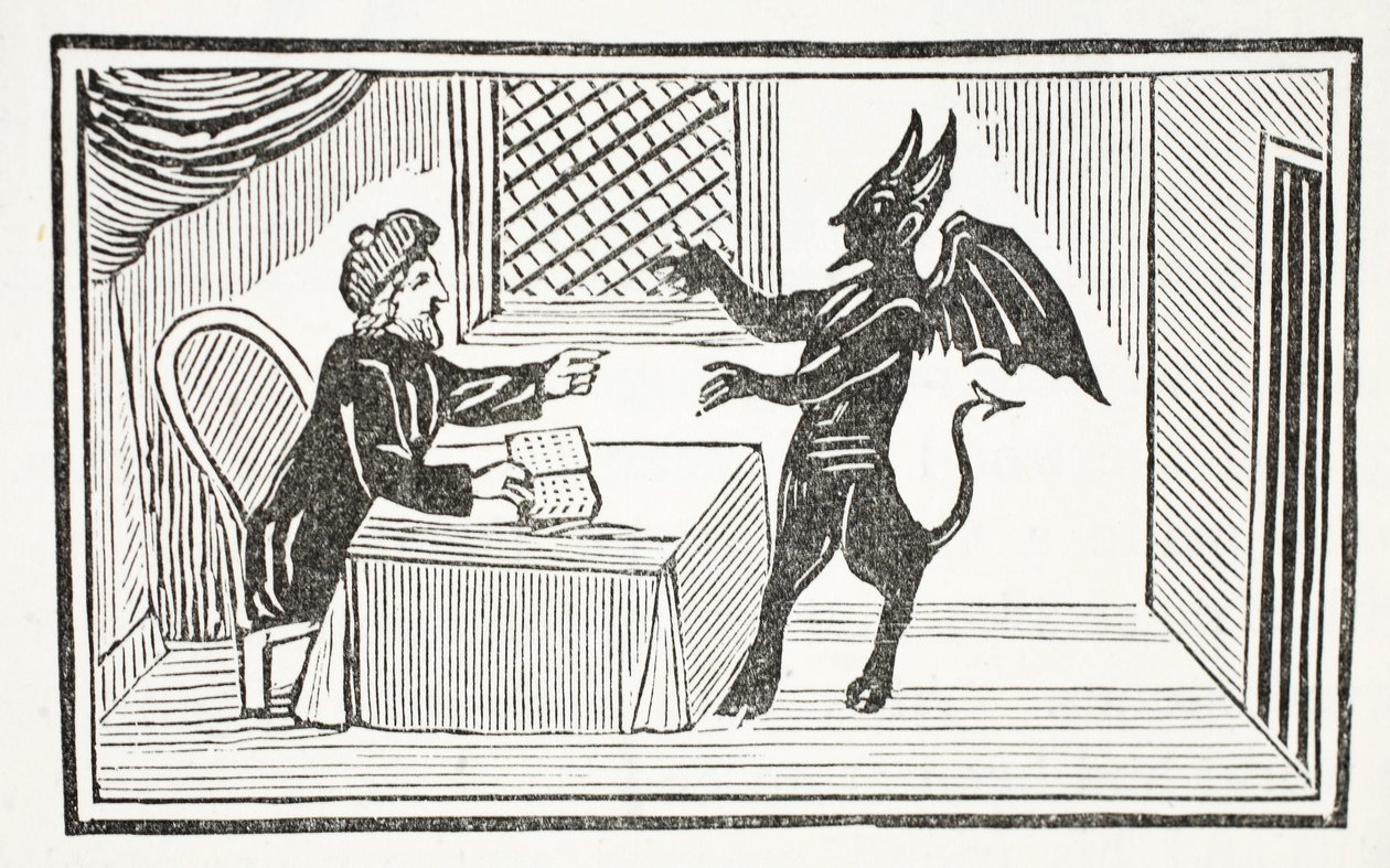 Mephistopheles vient chez le Docteur, illustration de Chap-books du XVIIIe siècle par John Ashton, pub. 1882 - English School