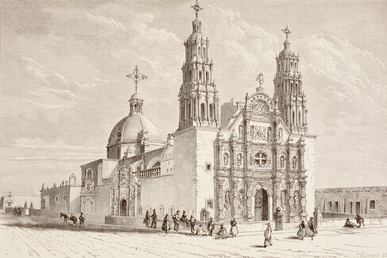 Cathédrale métropolitaine sur la Plaza de Armas, Chihuahua, Mexique au XIXe siècle (lithographie) - English School