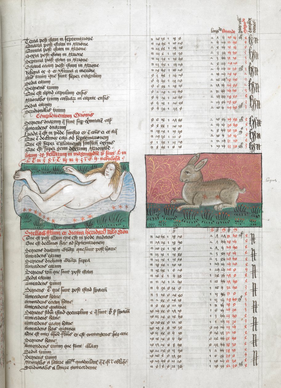 Miniatures de Fluvius (Rivière), représentée comme une femme nue dans un ruisseau, et Lepus (Lapin), dans des tables de l