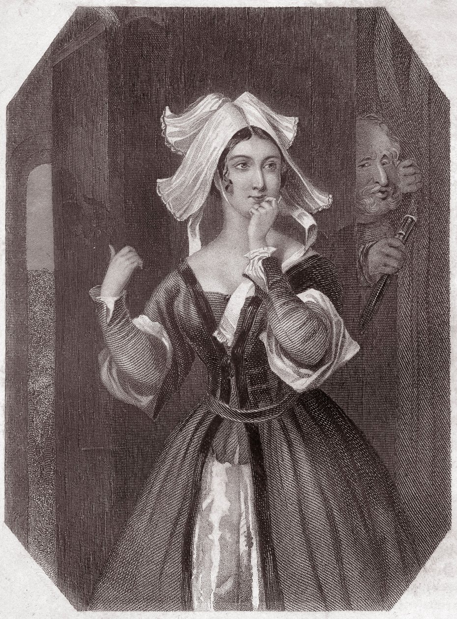 Mistress Page (Les Joyeuses Commères de Windsor) - dans - "Galerie des femmes de Shakespeare, collection de quarante-cinq portraits sérieux par les premiers artistes de Londres, enrichie de notices critiques et littéraires" vers 1838 - English School