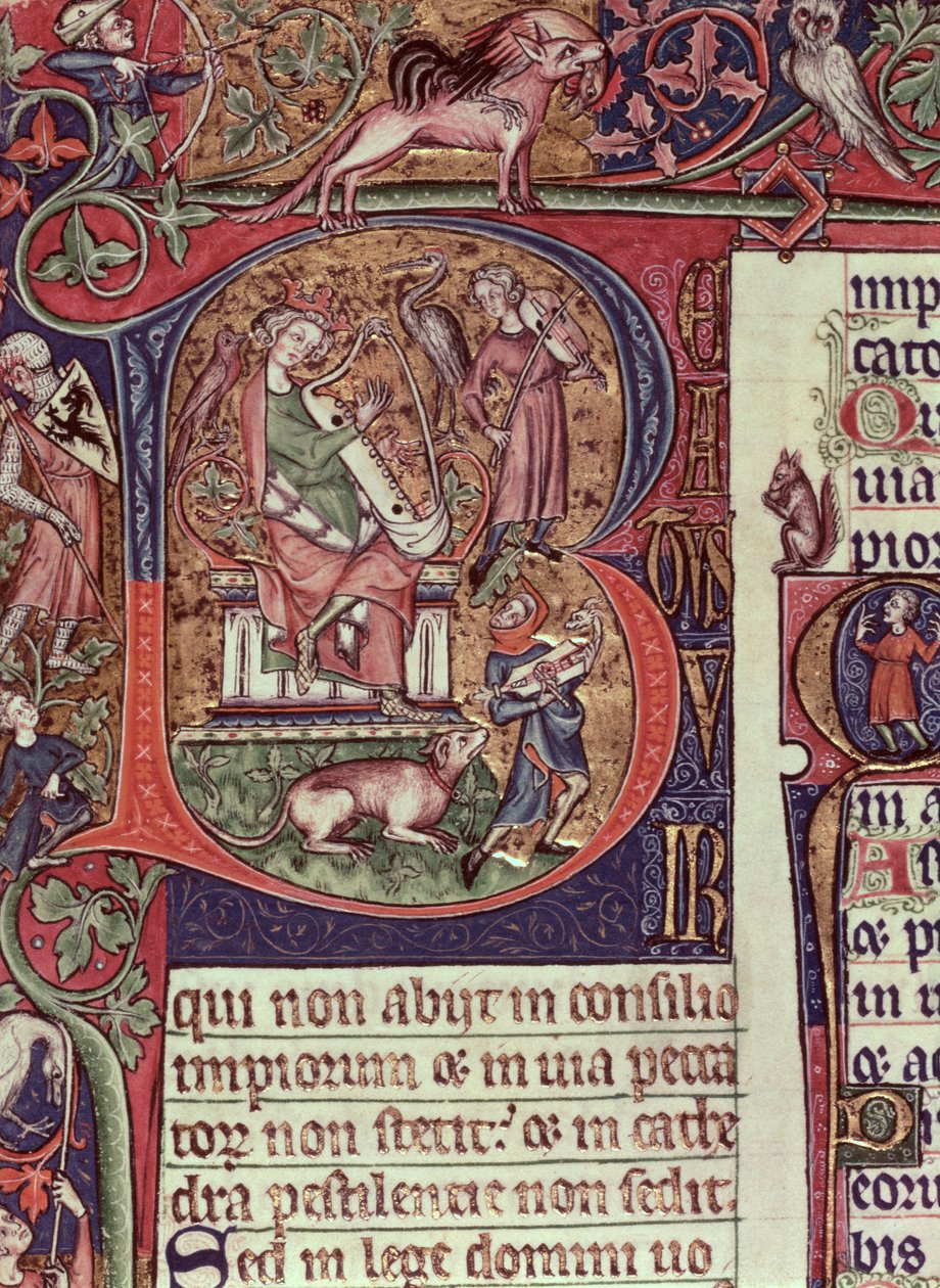 Initiale historiée B du Psautier de Peterborough représentant le roi David jouant de la harpe, anglais, vers 1310-20 - English School
